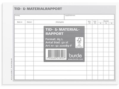 Blankett tid- och materialrapport A5L