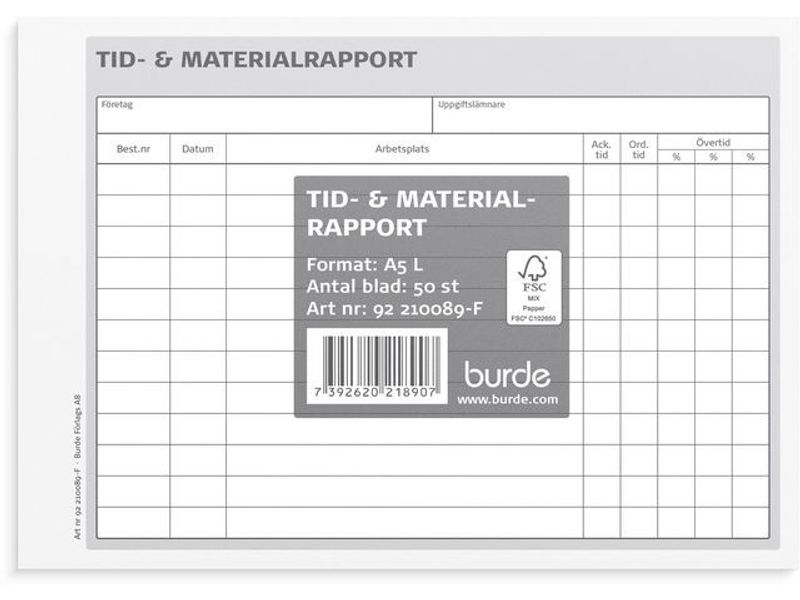 Blankett tid- och materialrapport A5L
