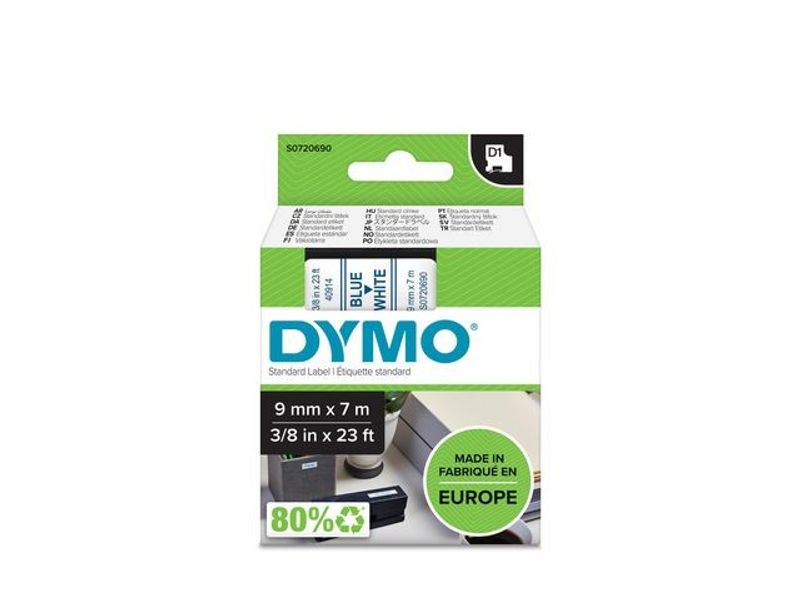 Tape DYMO D1 9mm blå på vit