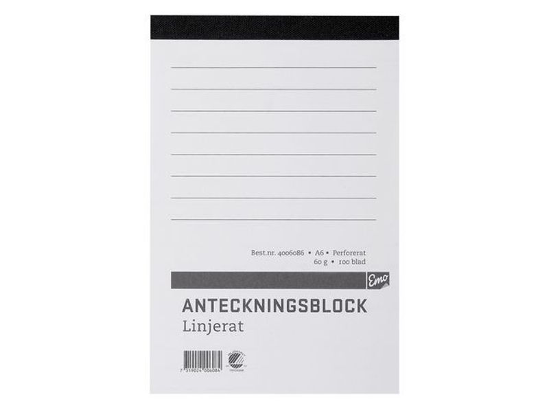 Anteckningsblock A6 100 blad perf linj