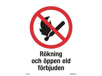 Skylt Rökning öppen eld förbjuden A4