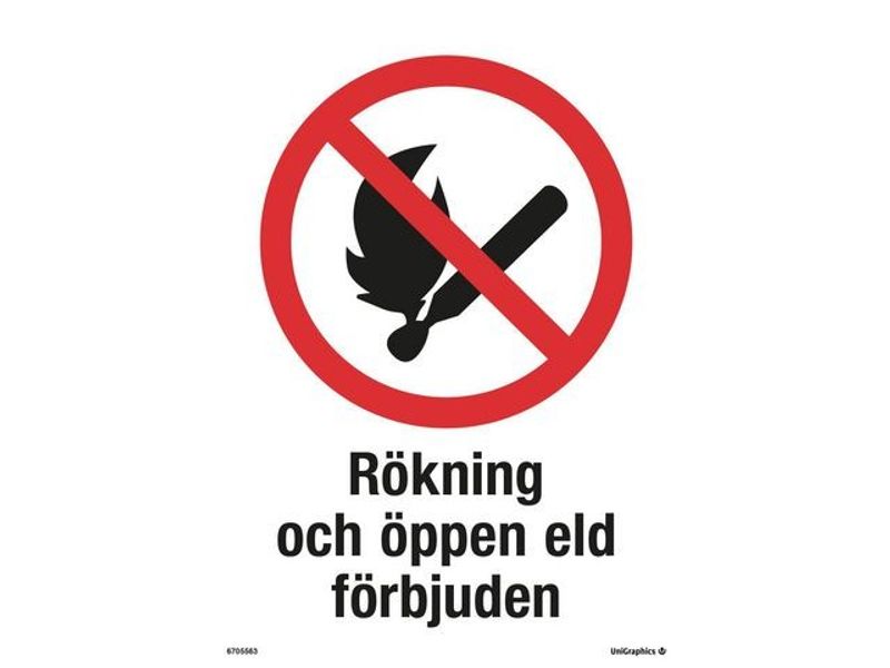 Skylt Rökning öppen eld förbjuden A4