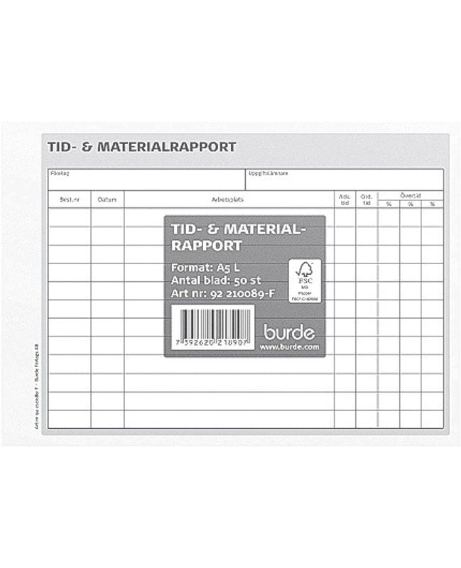 Blankett tid- och materialrapport A5L