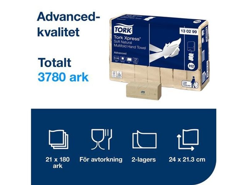 Handduk TORK Adv H2 2-lag natur 3780/fp