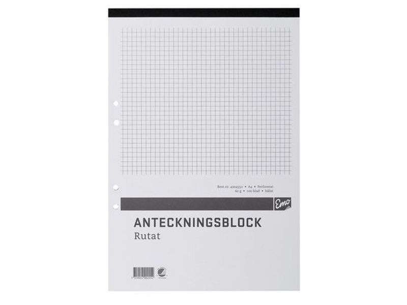 Anteckningsblock A4 100bl hål perf rutat