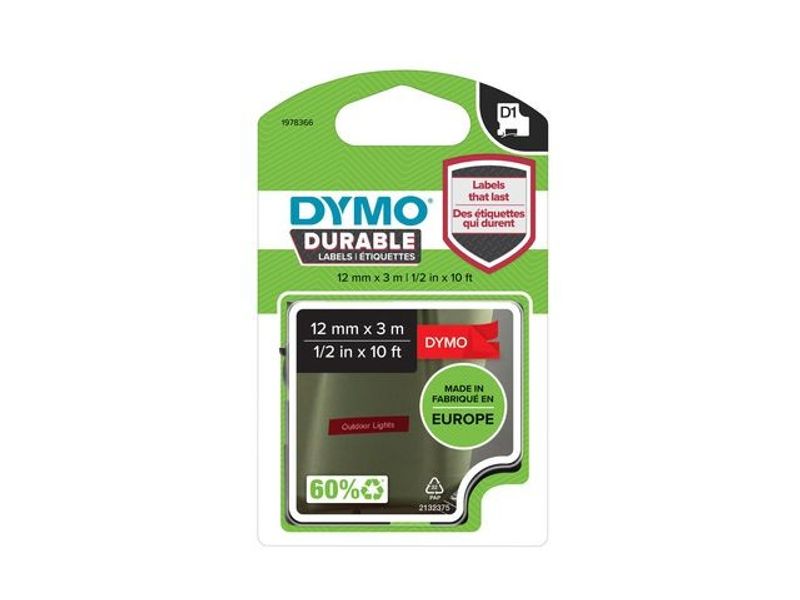 Tape DYMO Durable D1 12mm vit på röd