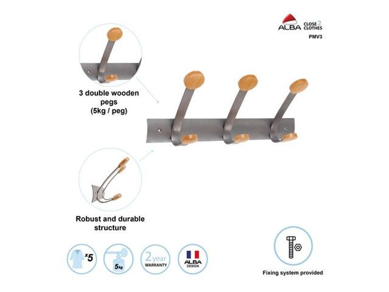 Klädhängare ALBA 3 krokar grå/metall/trä