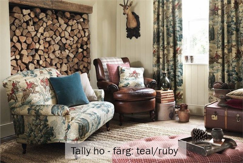 Möbeltyg i lin - jaktmotiv - Tally ho - teal/ruby