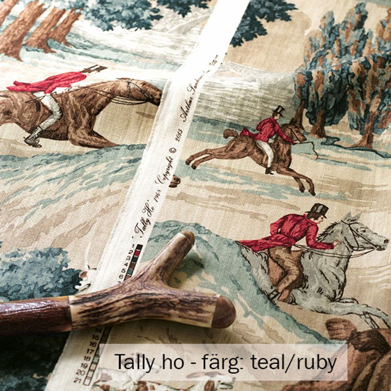 Möbeltyg i lin - jaktmotiv - Tally ho - teal/ruby