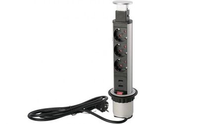 Eluttag 'PopUp' Ø 60 mm 3 x Uttag 2 x USB Silver