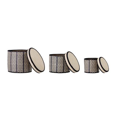 Korg med lock Svart Palmblad Islim Set om 3 | Bloomingville