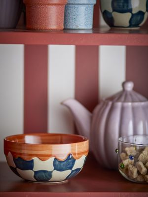 Bloomingville Check Skål, Blå, Stengods Ø14xH7 cm, Set om 4