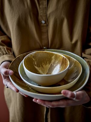 Bloomingville Lacey Skål, Gul, Stengods Ø21xH6 cm, Set om 4