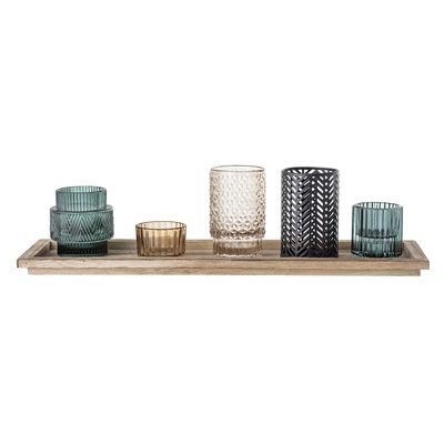 Bloomingville Sanga Bricka Med Ljushållare, Blå, Glas L43xH10,5xW12,5 cm, Set om 6