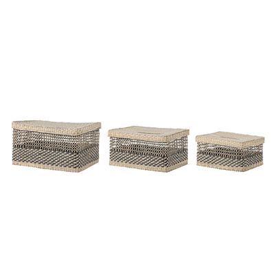 Korg med lock Svart Sjösäv Sabel Set om 3 | Bloomingville