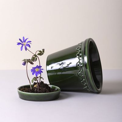 Bergs Potter Københavner GLAZED Kruka Med Fat Smaragdgrön, Ø 14 cm