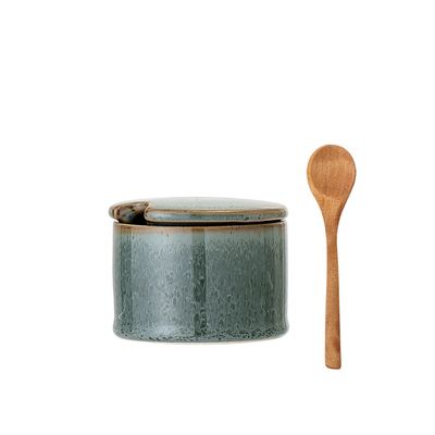 Burk med lock och sked Grön Stengods Pixie | Bloomingville