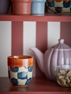 Bloomingville Check Kopp, Blå, Stengods Ø9xH10 cm, Set om 4