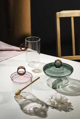 Muurla Loop Sockerskål med lock och sked 14 cm, Klar/Rosa/Bärnsten
