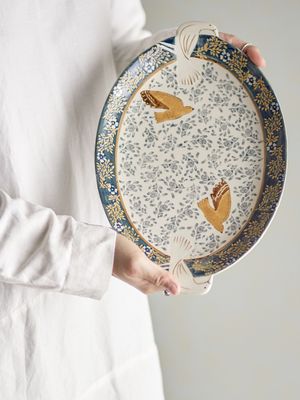 Bloomingville Hezha Serveringsbricka, Blå, Stengods L34xH3,5xW25 cm