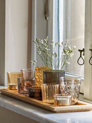 Bricka med värmeljushållare Brun Glas Sanga Set om 10 | Bloomingville