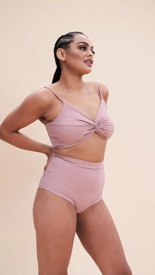 LUNALAE Harleen Rib Knit Twist Top BLUSH TAUPE