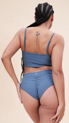 LUNALAE Harleen Rib Knit Twist Top STEEL BLUE