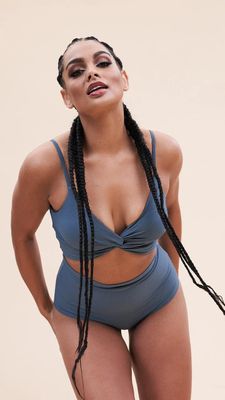 LUNALAE Harleen Rib Knit Twist Top STEEL BLUE