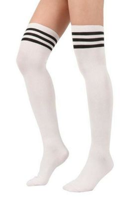 Lunalae White thigh high socks with black stripe