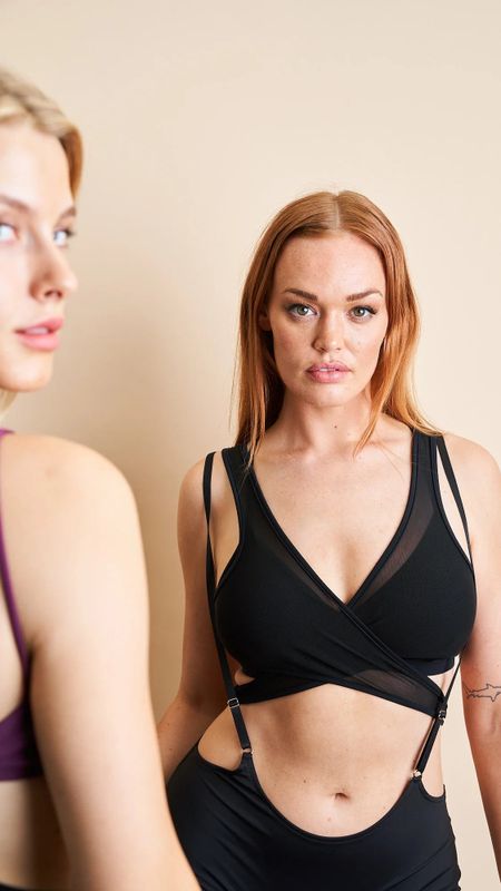 Lunalae Fiona Cross Over Wrap Mesh Top Black