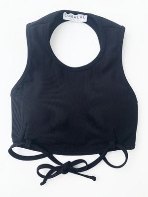 Lunalae Mabel Ribbed Tie Front Crop Top BLACK