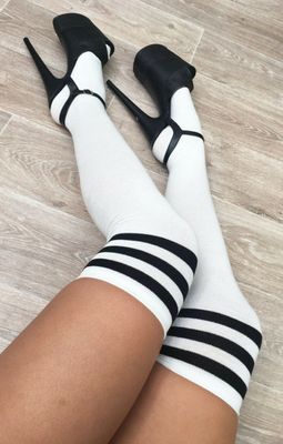 Lunalae White thigh high socks with black stripe