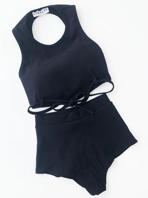 Lunalae Mabel Ribbed Tie Front Crop Top BLACK