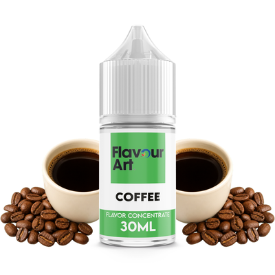 Flaska med Coffee från Flavour Art framför en kopp nybryggt kaffe och rostade kaffebönor.