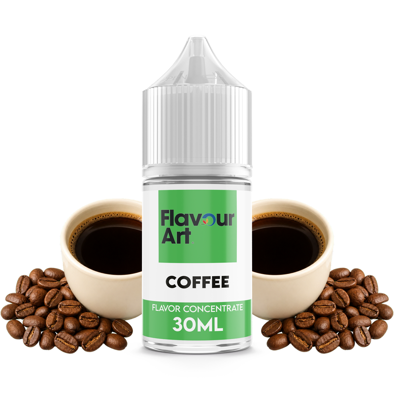 Flaska med Coffee från Flavour Art framför en kopp nybryggt kaffe och rostade kaffebönor.