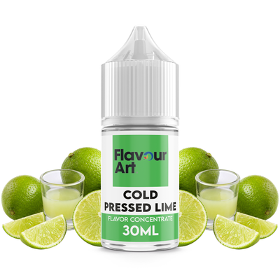 Flaska med Cold Pressed Lime från Flavour Art framför färska limefrukter och skivor av nypressad lime.