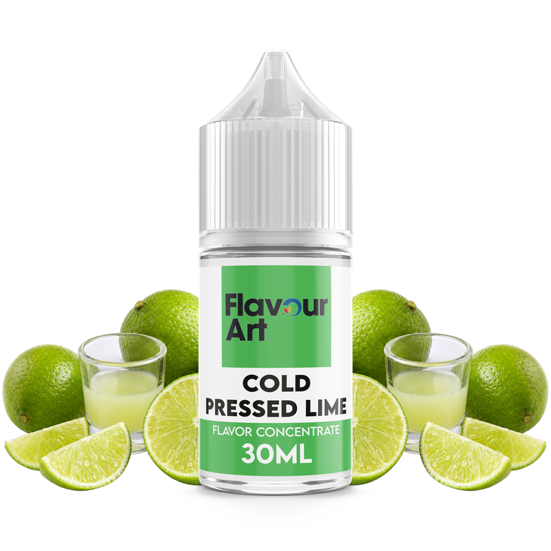 Flaska med Cold Pressed Lime från Flavour Art framför färska limefrukter och skivor av nypressad lime.