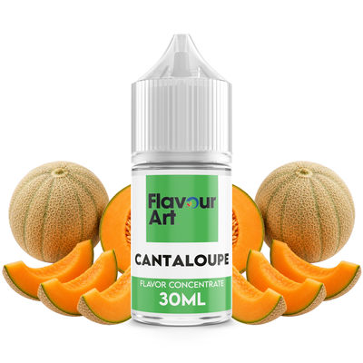 Flaska med Cantaloupe från Flavour Art framför en mogen cantaloupemelon.