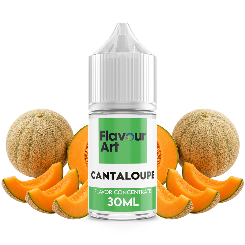 Flaska med Cantaloupe från Flavour Art framför en mogen cantaloupemelon.