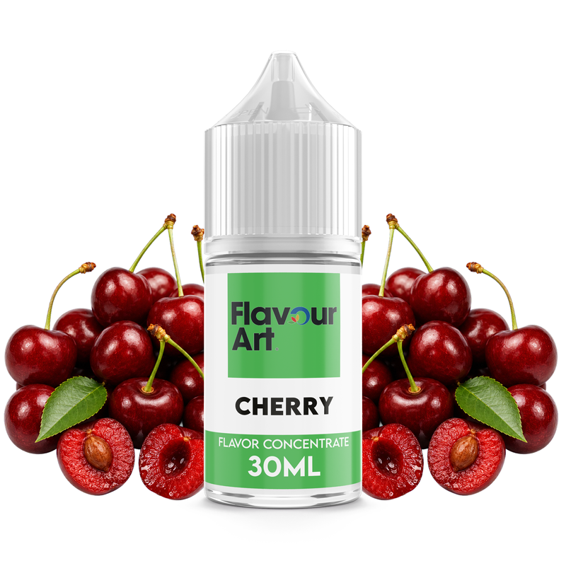 Flaska med Cherry från Flavour Art framför mogna röda körsbär.