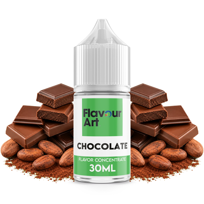 Flaska med Chocolate från Flavour Art framför bitar av mörk och mjölkchoklad.