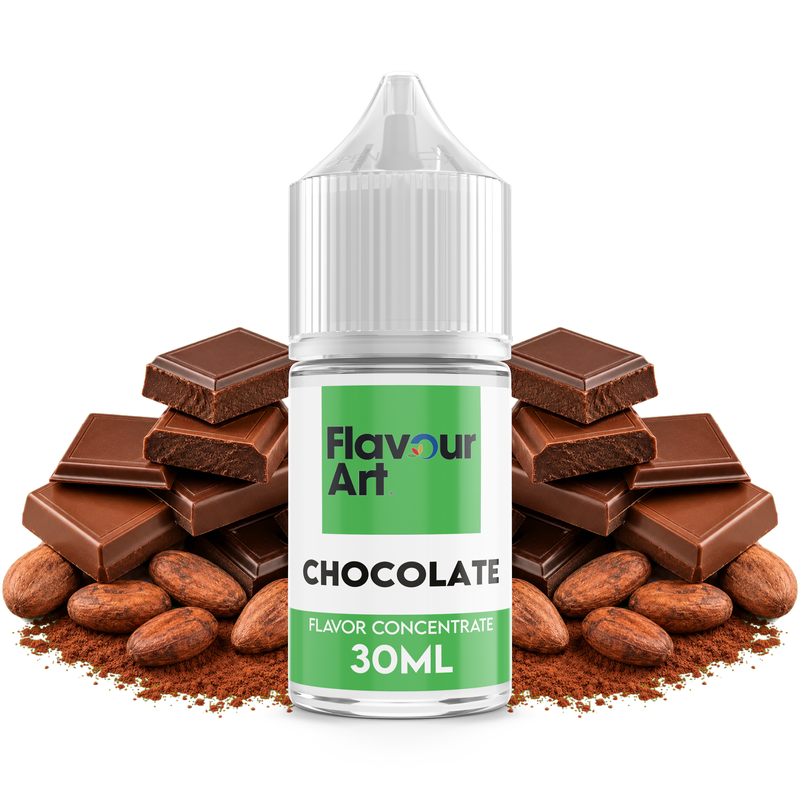 Flaska med Chocolate från Flavour Art framför bitar av mörk och mjölkchoklad.
