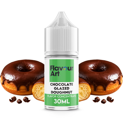 Flaska med Chocolate Glazed Doughnut från Flavour Art framför en nybakad doughnut täckt med fyllig chokladglasyr.