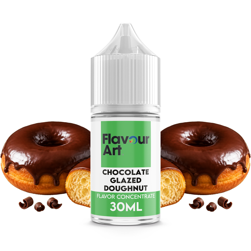 Flaska med Chocolate Glazed Doughnut från Flavour Art framför en nybakad doughnut täckt med fyllig chokladglasyr.