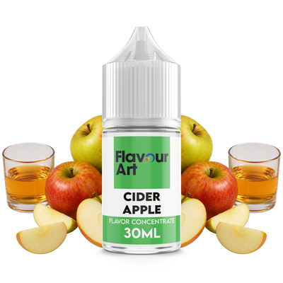 Flaska med Cider Apple från Flavour Art framför ett glas gyllene äppelcider och färska äpplen.