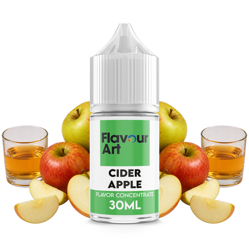 Flaska med Cider Apple från Flavour Art framför ett glas gyllene äppelcider och färska äpplen.