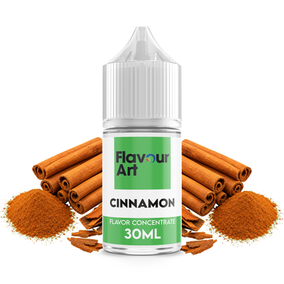 Flaska med Cinnamon från Flavour Art framför kanelstänger och malen kanel.