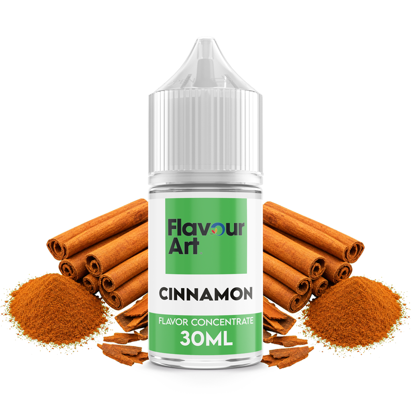 Flaska med Cinnamon från Flavour Art framför kanelstänger och malen kanel.