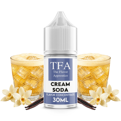 Flaska med Cream Soda från The Flavor Apprentice framför ett glas cream soda med vaniljglass.
