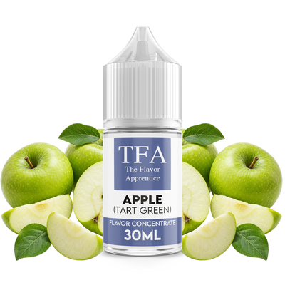 Flaska med Apple (Tart Green) från The Flavor Apprentice framför gröna äpplen.